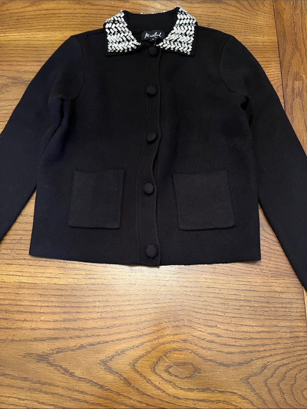 Marled Black Button Cardigan with Embellished Collar, size small, new with tags